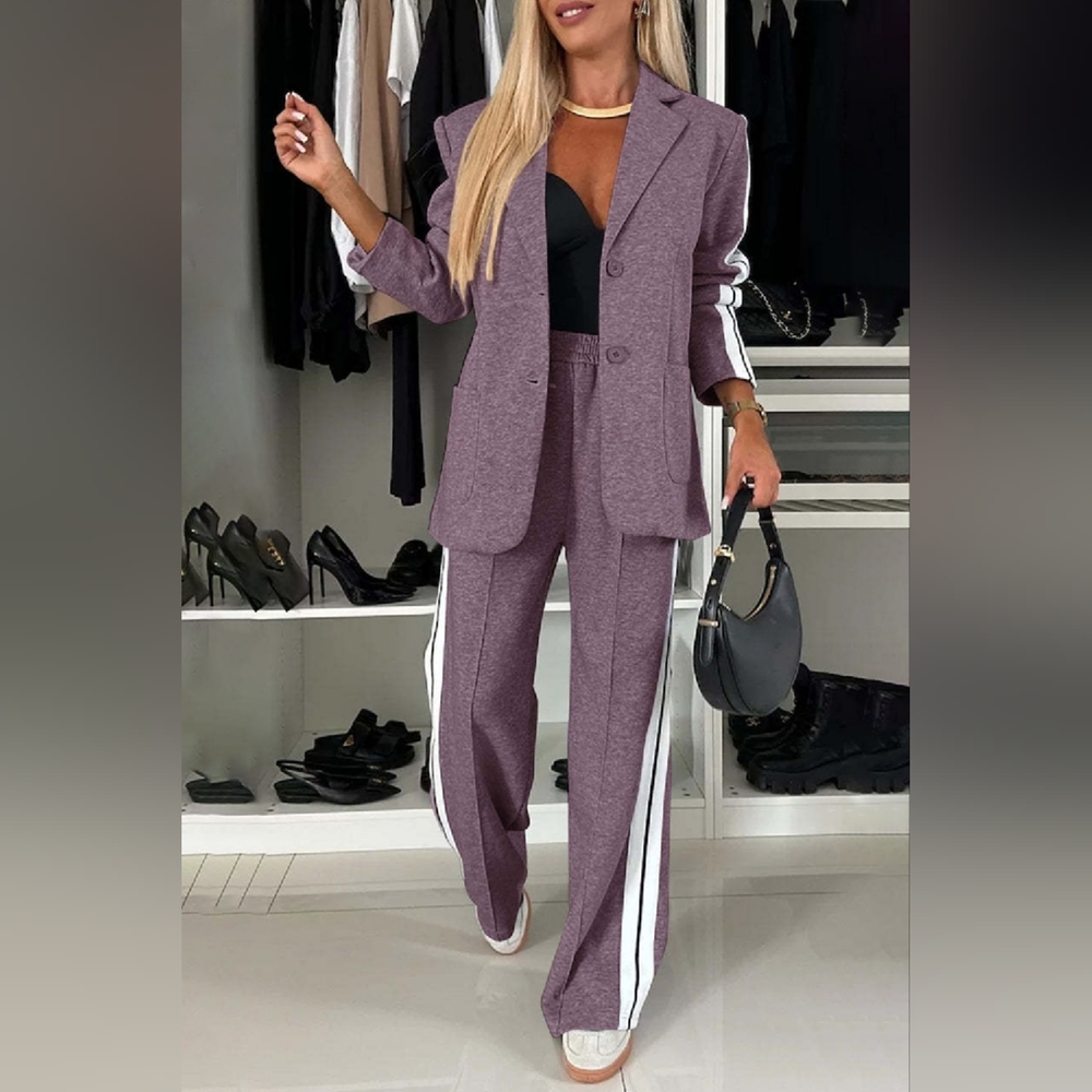 Stylish Full Size Contrast Lapel Collar Top and Pants Set
